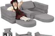10-Pieces Kids Play Sofa, Corduroy Modular Toddler Chair Couch for Playroom, Fold Out Foam Couch for Girls Boys, Convertible Armchair Children Sectional Playset, Light Grey