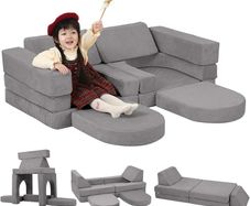 10-Pieces Kids Play Sofa, Corduroy Modular Toddler Chair Couch for Playroom, Fold Out Foam Couch for Girls Boys, Convertible Armchair Children Sectional Playset, Light Grey
