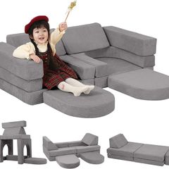 10-Pieces Kids Play Sofa, Corduroy Modular Toddler Chair Couch for Playroom, Fold Out Foam Couch for Girls Boys, Convertible Armchair Children Sectional Playset, Light Grey