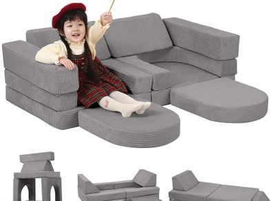 10-Pieces Kids Play Sofa, Corduroy Modular Toddler Chair Couch for Playroom, Fold Out Foam Couch for Girls Boys, Convertible Armchair Children Sectional Playset, Light Grey