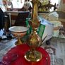A Beautiful Large Heavy Victorian-style Brass Table Lamp with Brass Baluster Stem and Faceted, Paneled Knop, raised on a Stepped Hexagonal Base; fitted with a tall, cream textile shade with scalloped fringe and tassel trim, Postage Available or collection Image 3