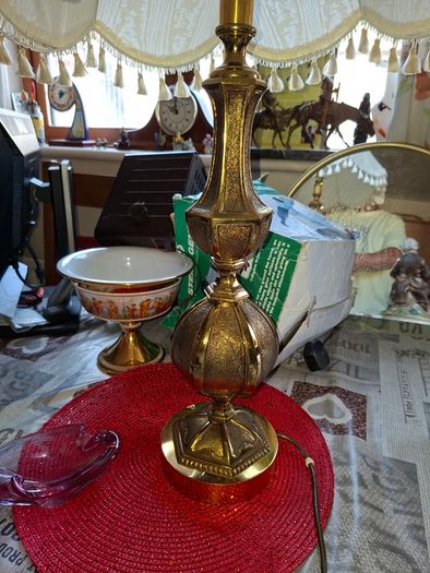 A Beautiful Large Heavy Victorian-style Brass Table Lamp with Brass Baluster Stem and Faceted, Paneled Knop, raised on a Stepped Hexagonal Base; fitted with a tall, cream textile shade with scalloped fringe and tassel trim, Postage Available or collection