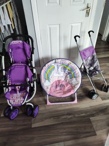 Double pram, buggy and girls folding chair