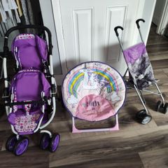 Double pram, buggy and girls folding chair
