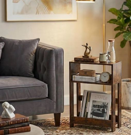 3-Tier Slim End Table & Nightstand for Bedroom, Living Room, Sofa Side Table for Small Spaces (Rustic Brown)