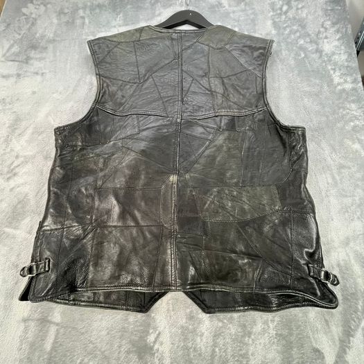 Black Patchwork Leather Vest Waistcoat - Zip Buckles - Large