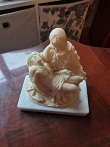 Antique La Pieta. Vintage Virgin Mary and Jesus Religious Statue on a marble base.