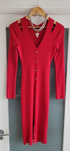 KAREN MILLEN Red Ribbed Knit Silver Studded Midi Sz M (Fit 8-10UK) - Rrp 165 (New)
