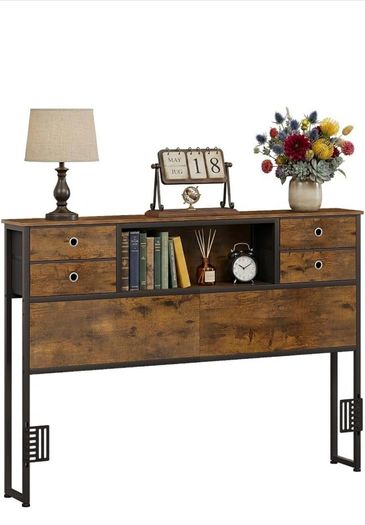 Double Bed Headboard with Storage, Freestanding Headboard with 4 Fabric Drawers & Shelves, Adjustable Bed Frame Connectors, Bedroom Storage Headboard