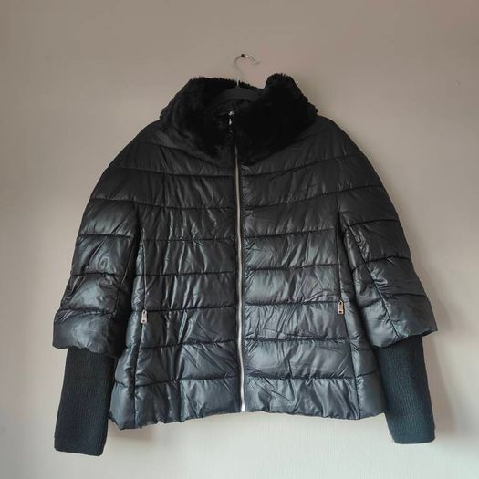 Black MOTIVI jacket with knitted removable cuffs  and removable fur collar
