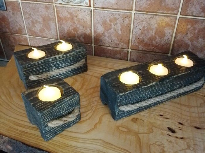 Handmade Reclaimed Wood Tealight Holders, Hard Wax Oil Set (+ 6 LED Lights)
