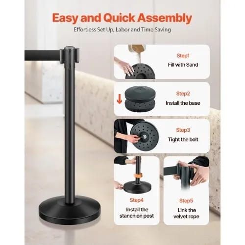 Stanchion Post, 8 Pcs Crowd Control Barrier with 8 Retractable Belts & 2 Sign Holders, Carbon Steel Stanchion Post Queue with Sand Injection Hollow Base for Theater, Party, Wedding, Exhibition