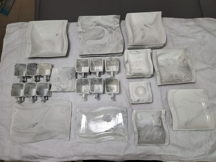 Stylish Modern Porcelain China Square 55 Piece Dinner Set, Marble Grey, Dinnerware, Dinner Party Set. Plates, Cups Mugs Bowls Egg Cups