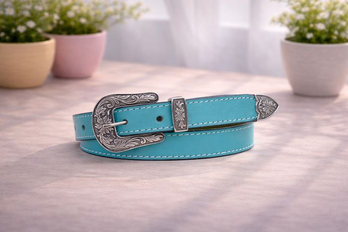 Unisex Premium Teal Genuine Leather Belt Vintage Engraved Silver Buckle