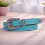 Unisex Premium Teal Genuine Leather Belt Vintage Engraved Silver Buckle Image 2