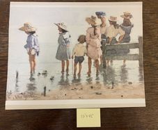 Edward Van Goethem Watercolour Print Breakwater Children on the  Beach unframed