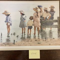 Edward Van Goethem Watercolour Print Breakwater Children on the  Beach unframed