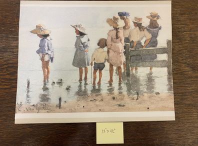 Edward Van Goethem Watercolour Print Breakwater Children on the  Beach unframed