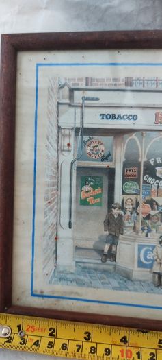 Old advertising shop front picture print ,different brands for sale, in the shop,nice for any home bar or man cave pub restaurant etc,,buyer collects thank you,, rather buyer collects with the glass ,sold as is ,,see pictures for condition