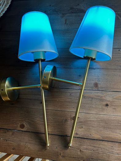 2 Brass Wall Lamps with Colour-Changing Rechargeable Bulbs (No Wiring Needed)