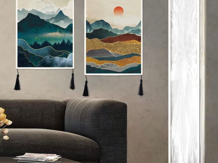 2 Pack Japanese Mountain Tapestry Wall Hanging with Tassels Misty Forest Tapestries Wall Art Sun Nature Landscape Home Decor for Bedroom Aesthetic (35 x 50cm)