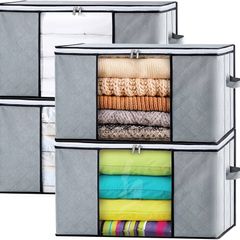 FREE SHIPPING Clothes Collapsible Storage Boxes with Lids, Wardrobe Organiser Large Moving Duvet Storage Bags with Reinforced Handles and Zip, Bedroom Underbed Storage, 4 Pack, Grey