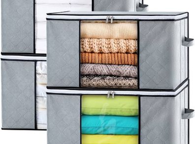 FREE SHIPPING Clothes Collapsible Storage Boxes with Lids, Wardrobe Organiser Large Moving Duvet Storage Bags with Reinforced Handles and Zip, Bedroom Underbed Storage, 4 Pack, Grey