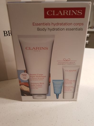 FREE Tote Bag or make up bag - Clarins Body Hydration Essentials- Brand New Boxed 3 piece Set