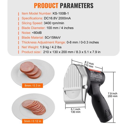Electric Shawarma Knife, 80W Cordless Battery Professional Turkish Knife, Commercial Stainless Steel Gyro Cutter, Doner Kebab Meat Slicer with 2 Blades, 4/100mm, 0-8mm Adjustable Thickness