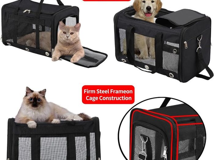 Cat Carrier - Airline Approved, Top Opening Portable Dog Bag with Breathable Mesh/Removable Mat, Adjustable Shoulder Strap & Bowl, Foldable Travel Cage, M, Grey (Max 7kg)