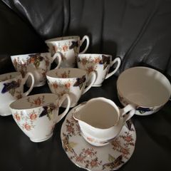Vintage Lot of ENGLISH BONE CHINA Cups Saucers Plates & Creamer HAND TINTED Ivy