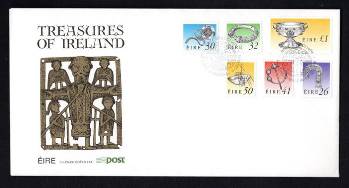 1990 Ireland Seventh Definitive Series Treasures of Ireland (26p, 30p, 32p, 41p, 50p and IR1) An Post First Day Cover (FDC) with Baile Atha Cliath (Dublin) pictorial cancel