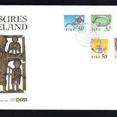 1990 Ireland Seventh Definitive Series Treasures of Ireland (26p, 30p, 32p, 41p, 50p and IR1) An Post First Day Cover (FDC) with Baile Atha Cliath (Dublin) pictorial cancel