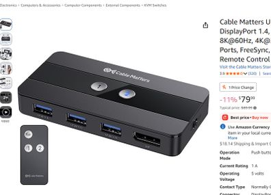 Cable Matters USB 3.0 KVM Switch DisplayPort 1.4 for 2 Computers