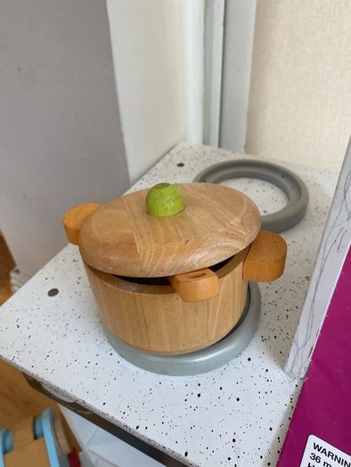 kids play kitchen by Plum with wooden food accessories