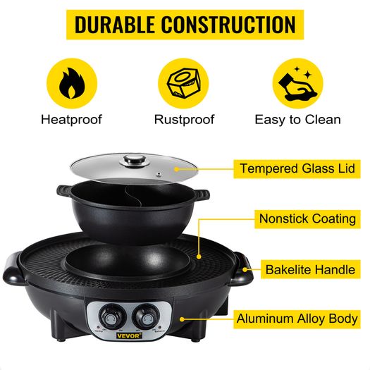 BRAND NEW 2 in 1 Electric Hot Pot BBQ Grill 2200W Multifunction Portable Home Non-Stick Split Pot Smokeless Skillet Barbecue Pan