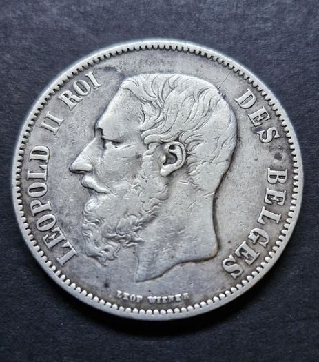 1868 Belgium 5 Francs - Leopold lI Silver coin