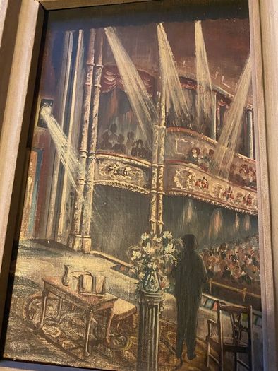 painting This is a striking dramatic artwork depicting a stage performance or lecture scene inside a classic, ornate theatre or opera house.