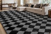 Area Rug Living Room Bedroom 120x160cm, Large Fluffy Carpet Soft Shaggy Checkered Rugs, Washable Area Rug Anti Slip, Thick Carpets for Kids Room Nursery, Dorm Home Decor, Black and Grey