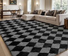Area Rug Living Room Bedroom 120x160cm, Large Fluffy Carpet Soft Shaggy Checkered Rugs, Washable Area Rug Anti Slip, Thick Carpets for Kids Room Nursery, Dorm Home Decor, Black and Grey