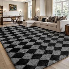 Area Rug Living Room Bedroom 120x160cm, Large Fluffy Carpet Soft Shaggy Checkered Rugs, Washable Area Rug Anti Slip, Thick Carpets for Kids Room Nursery, Dorm Home Decor, Black and Grey