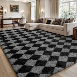 Area Rug Living Room Bedroom 120x160cm, Large Fluffy Carpet Soft Shaggy Checkered Rugs, Washable Area Rug Anti Slip, Thick Carpets for Kids Room Nursery, Dorm Home Decor, Black and Grey