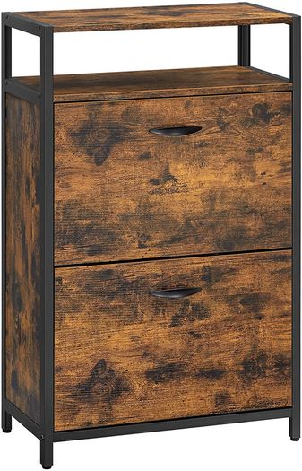 _Shoe cabinet with 2 flaps, shoe rack, shoe tipper, shoe chest with 2 compartments, shoe racks, in the hallway, for 8-12 pairs of shoes, space-saving, 60 x 30 x 95 cm, vintage brown-black
