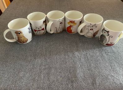 Cat and dog print bone china, set of 6 mugs