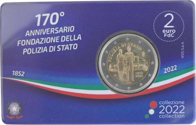 Italy 2 Euro Commemorative Coin 2022 - Italian National Police. Coincard. BU