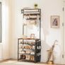 Coat Stand, Coat Rack with Shoe Storage, Hall Tree with Tiltable Mesh Shelves, 4 Removable Hooks, Side Storage Pocket, Shoe and Coat Rack for Hallway, Living Room, Rustic Brown Image 3