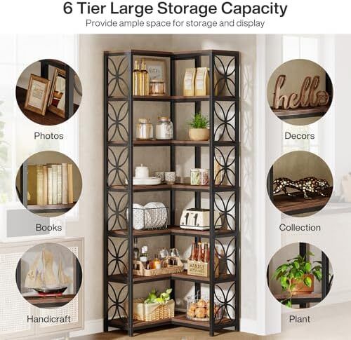 7 Tier L Shaped Corner Bookcase Freestanding Rustic Brown & Black
