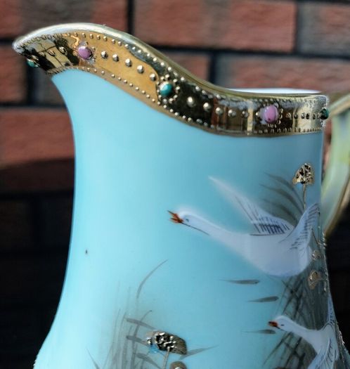 Nippon Vintage Flying Geese Jewel Moriage Aqua Creamer/Milk Jug