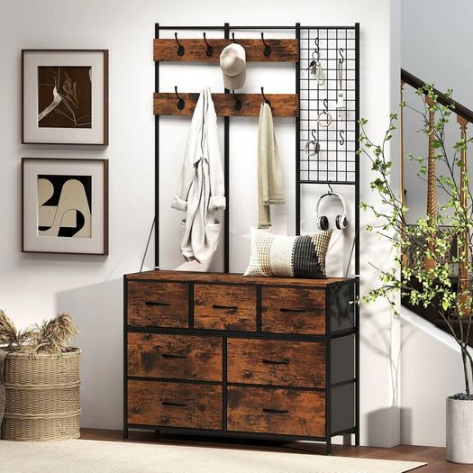 4-in-1 Entryway Unit, Coat Rack, Hallstand with 7 Fabric Drawers and 14 Hooks, 100 x 30 x 183 cm, Rustic Brown