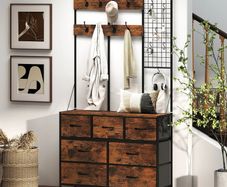 4-in-1 Entryway Unit, Coat Rack, Hallstand with 7 Fabric Drawers and 14 Hooks, 100 x 30 x 183 cm, Rustic Brown